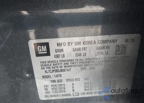 2018 Chevrolet Trax Lt из США, поврежденный, VIN KL7CJPSB5JB687447